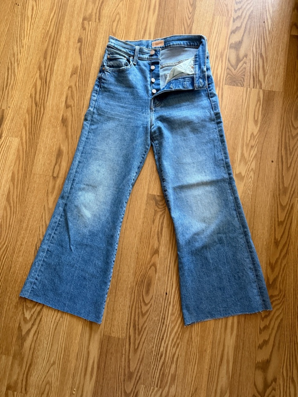MOTHER Button-Front Wide Leg Jeans in Light Blue Denim